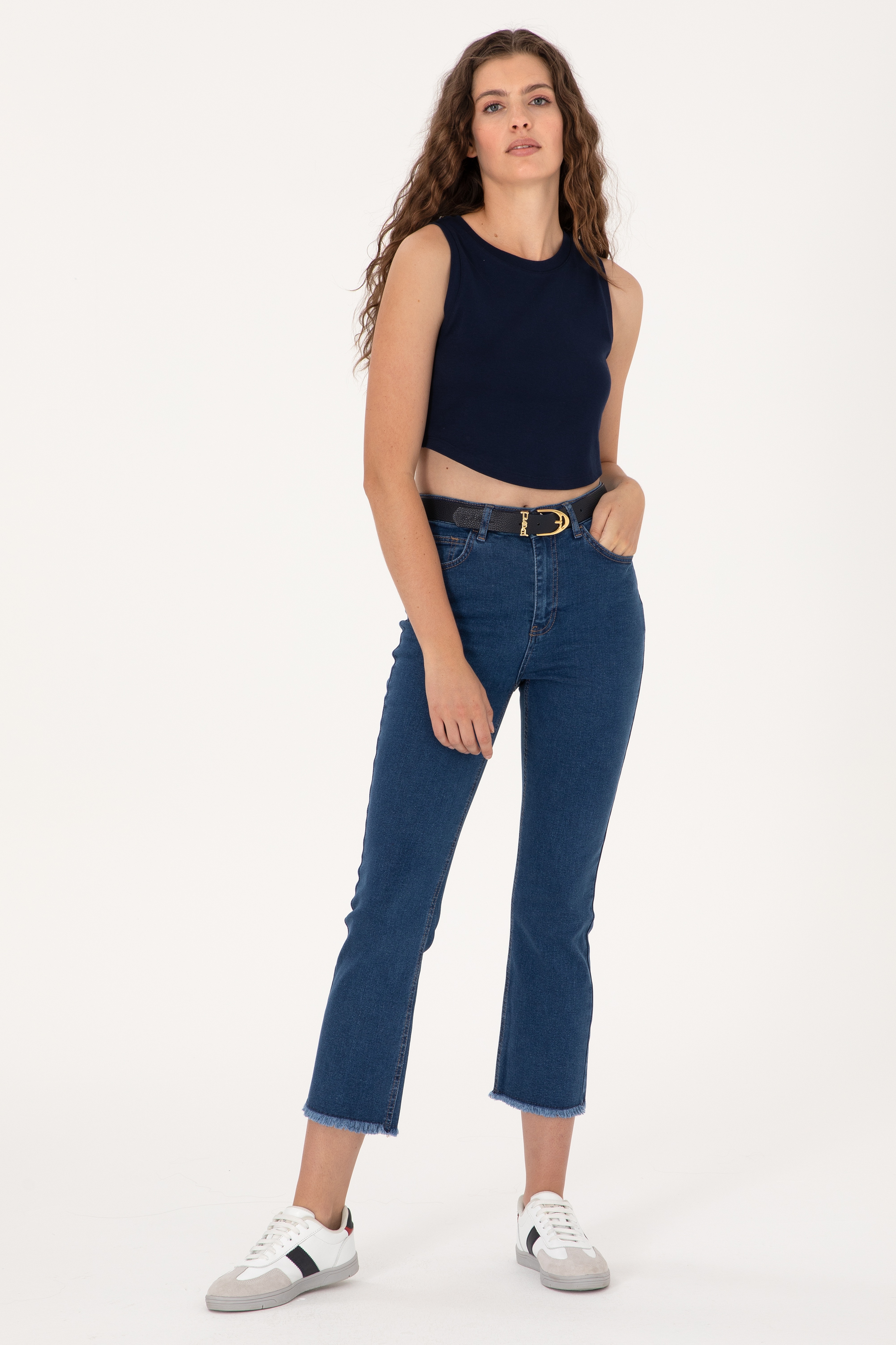 Kadın Mavi Slim Flare Cropped Fit Jean Pantolon - Image 1
