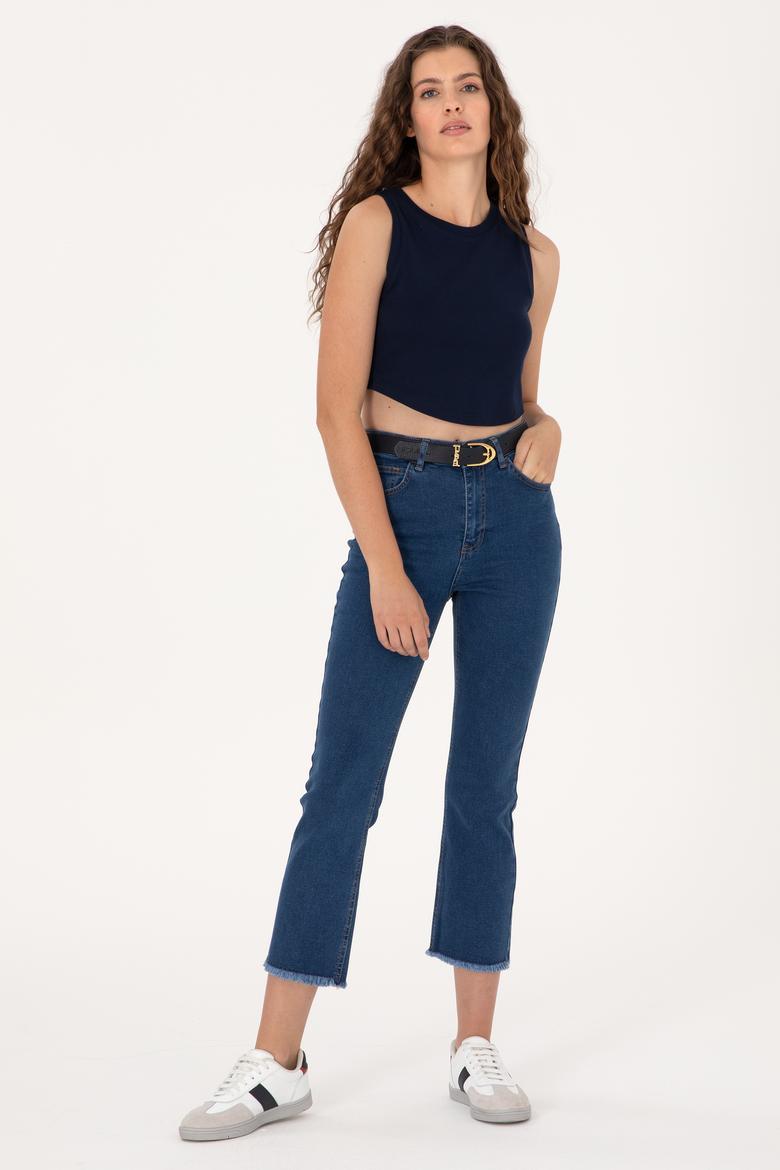 Kadın Mavi Slim Flare Cropped Fit Jean Pantolon