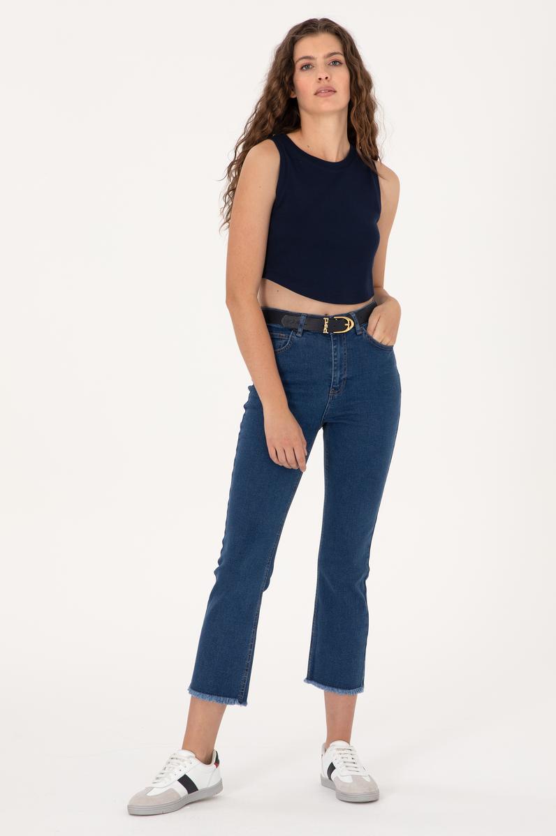 Kadın Mavi Slim Flare Cropped Fit Jean Pantolon