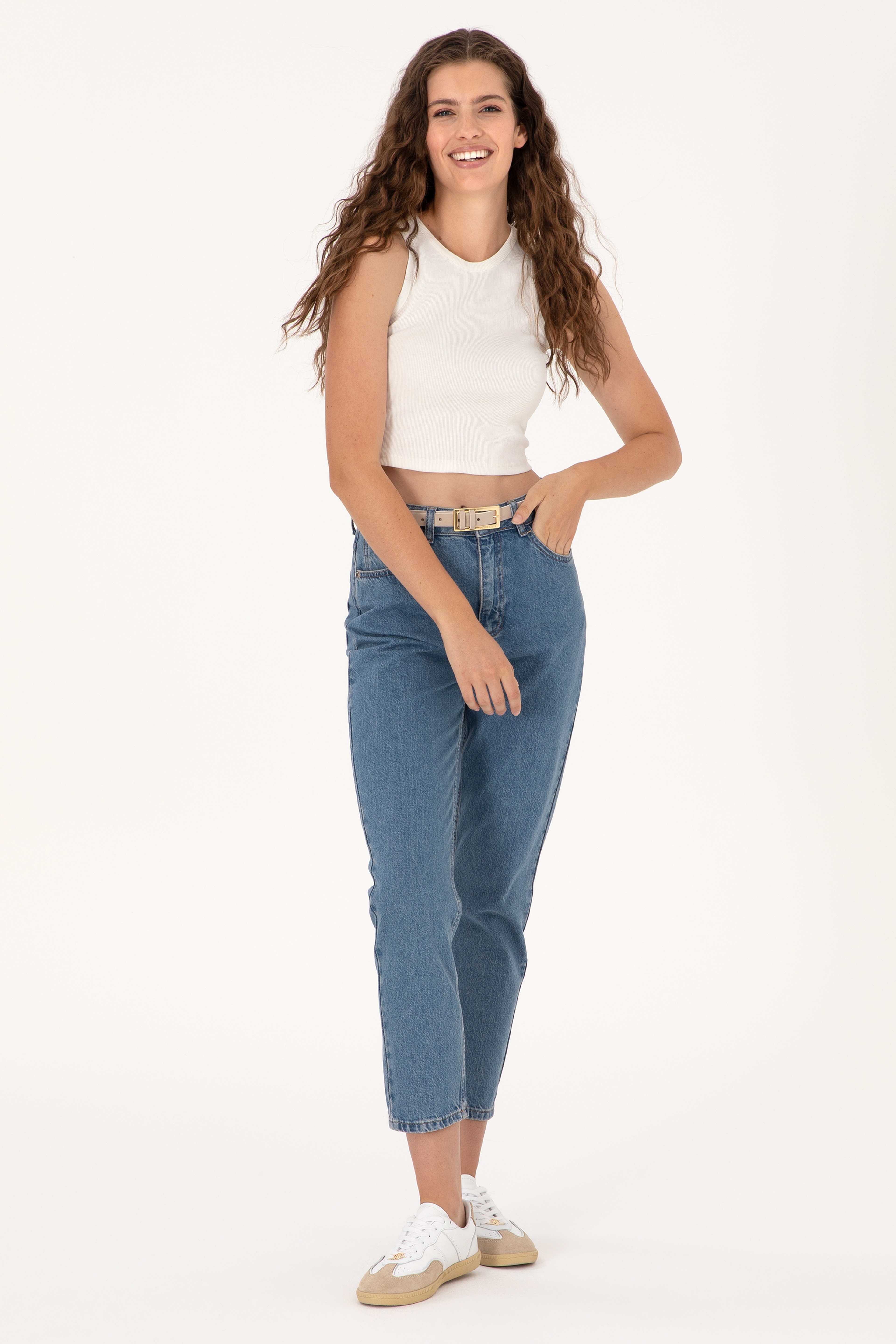 Kadın Açık Mavi Mom High Waist Fit Jean Pantolon - Image 1