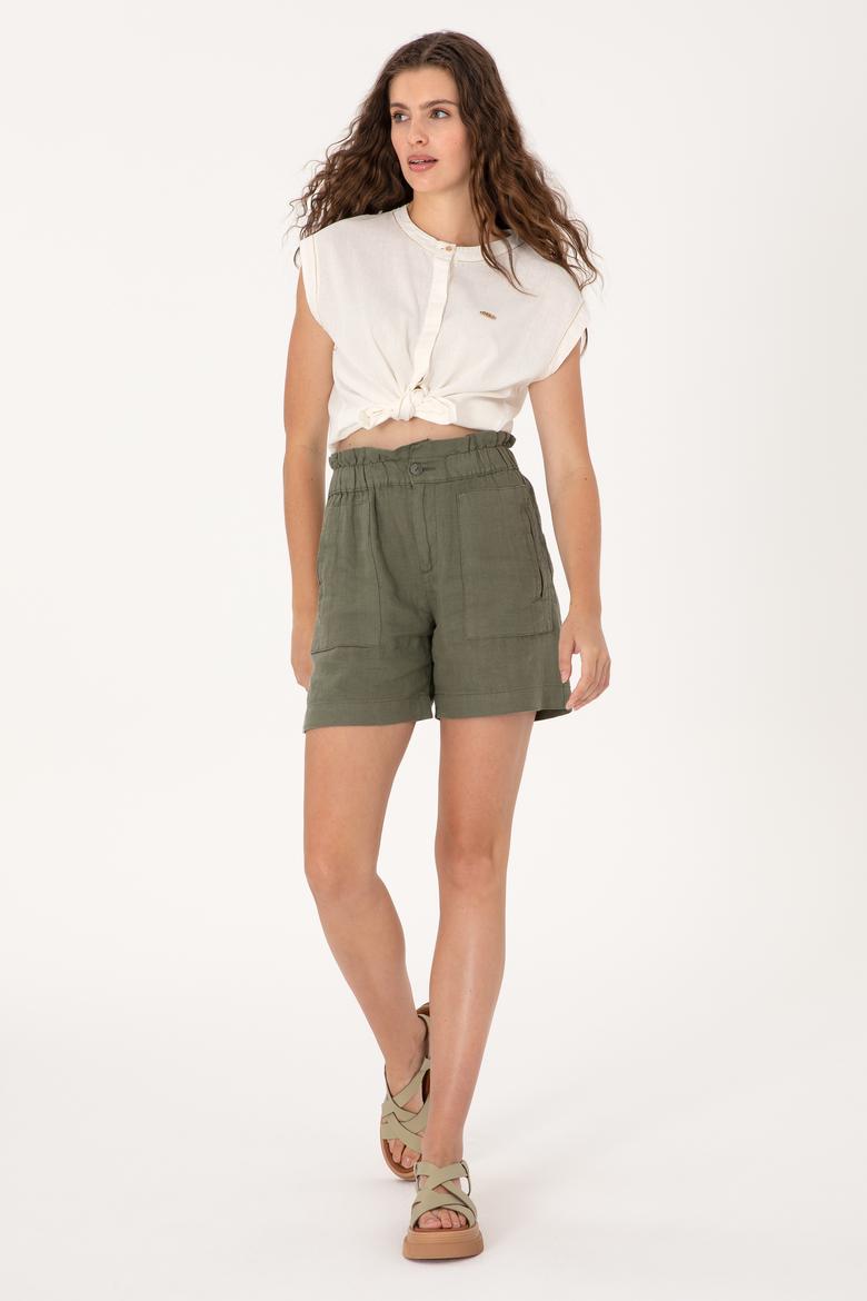 Kadın Koyu Haki Dokuma Şort - 50300655029