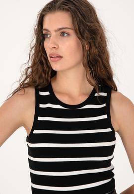 Kadın Siyah Çizgili Kolsuz Bisiklet Yaka Tişört - 50307275029