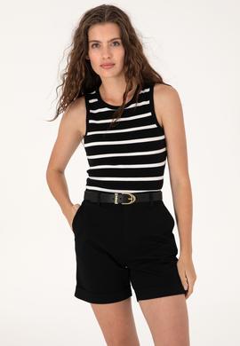 Kadın Siyah Çizgili Kolsuz Bisiklet Yaka Tişört - 50307275029