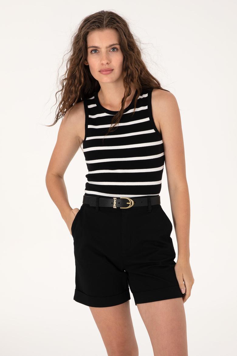 Kadın Siyah Çizgili Kolsuz Bisiklet Yaka Tişört