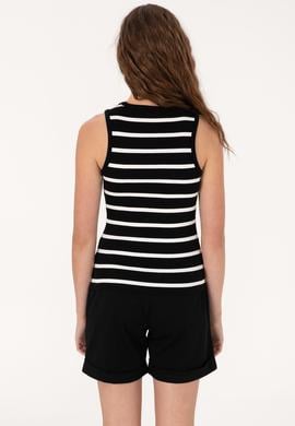 Kadın Siyah Çizgili Kolsuz Bisiklet Yaka Tişört - 50307275029