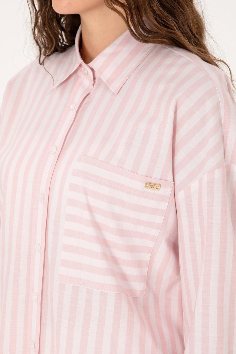 Kadın Açık Pembe Çizgili Uzun Kollu Gömlek - 50299426005
