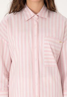 Kadın Açık Pembe Çizgili Uzun Kollu Gömlek - 50299426005