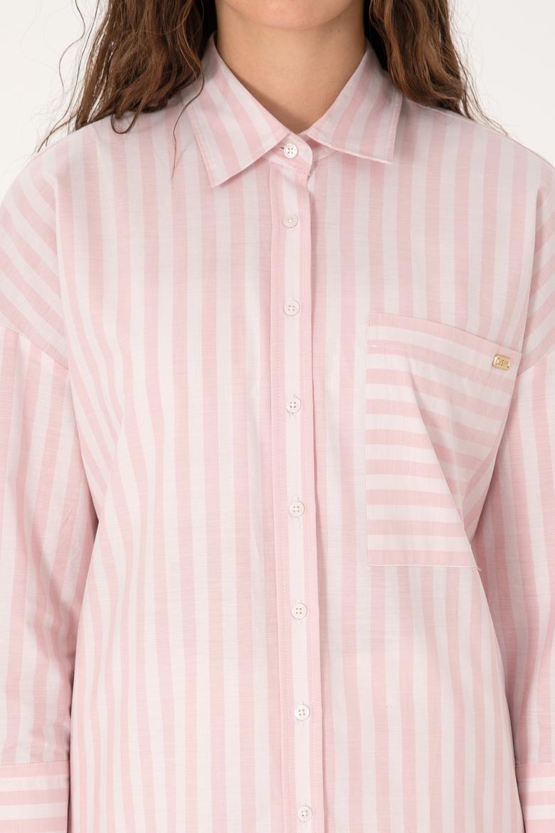 Kadın Açık Pembe Çizgili Uzun Kollu Gömlek - 50299426005