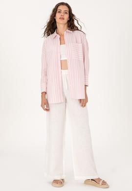 Kadın Açık Pembe Çizgili Uzun Kollu Gömlek - 50299426005