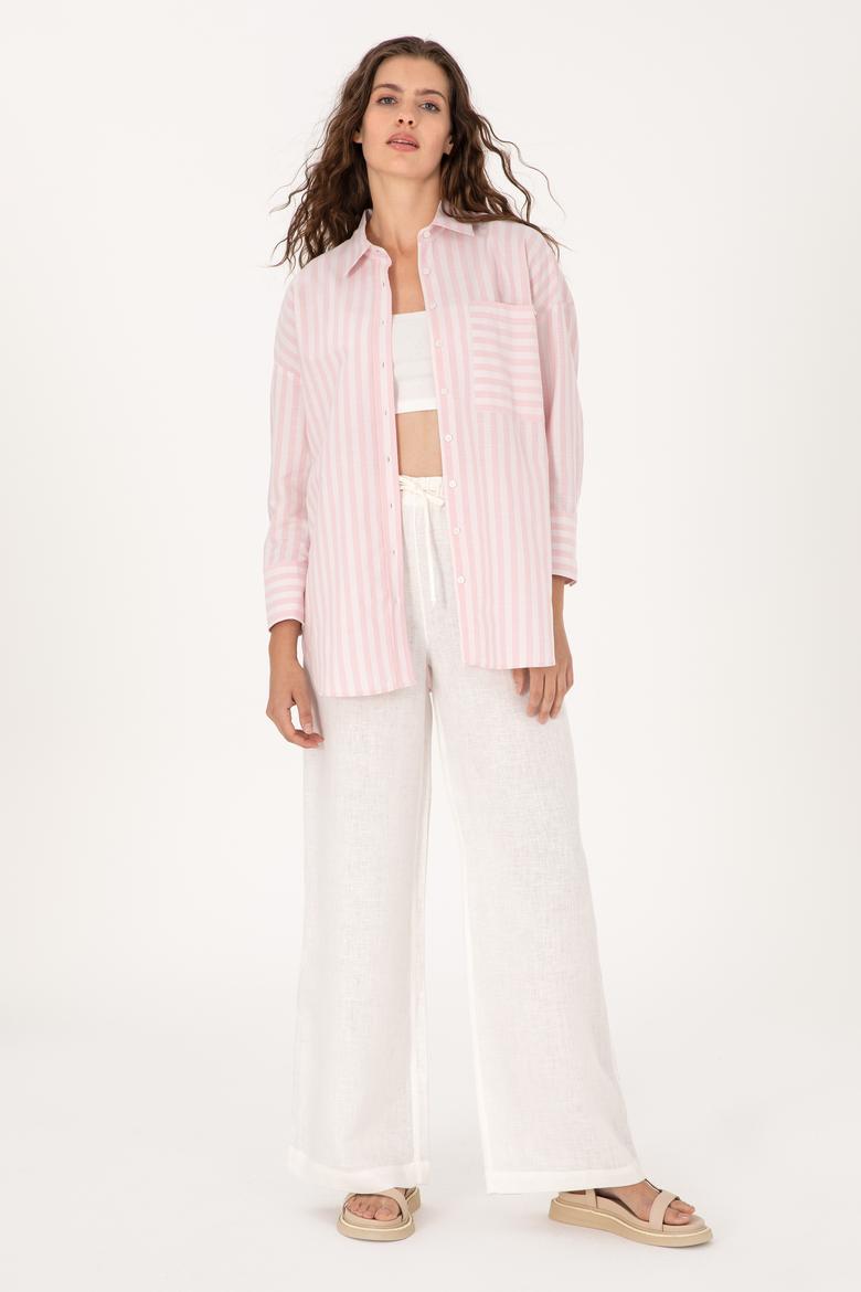 Kadın Açık Pembe Çizgili Uzun Kollu Gömlek - 50299426005