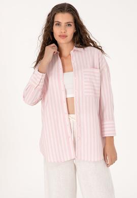 Kadın Açık Pembe Çizgili Uzun Kollu Gömlek - 50299426005
