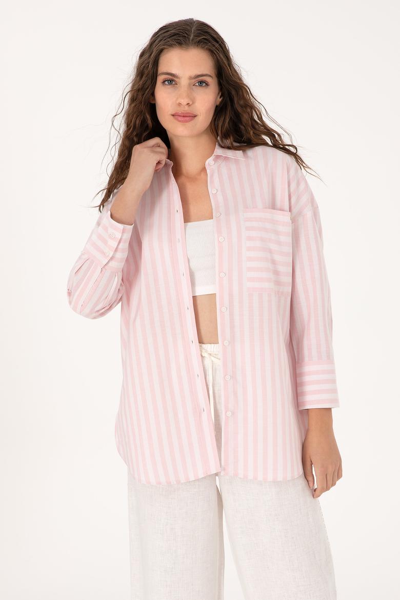 Kadın Açık Pembe Çizgili Uzun Kollu Gömlek
