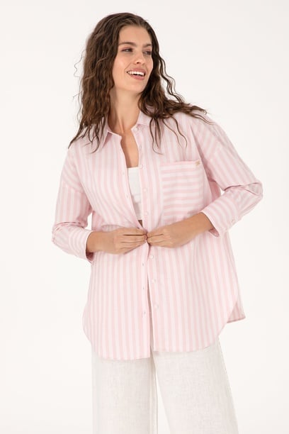 Kadın Açık Pembe Çizgili Uzun Kollu Gömlek