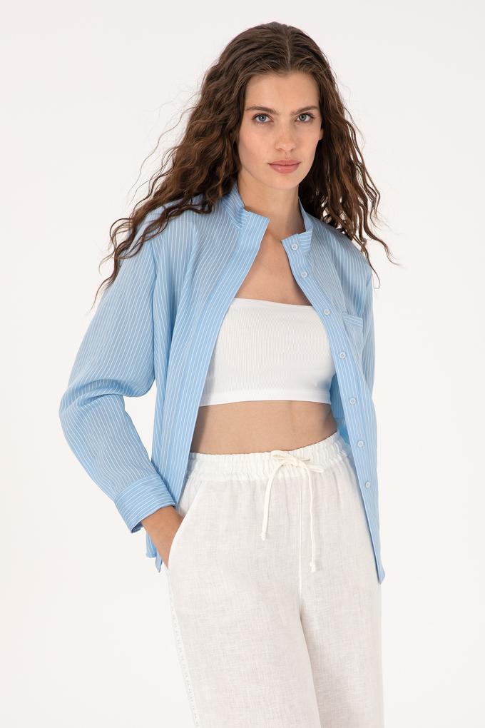 Kadın Açık Mavi Çizgili Uzun Kollu Gömlek