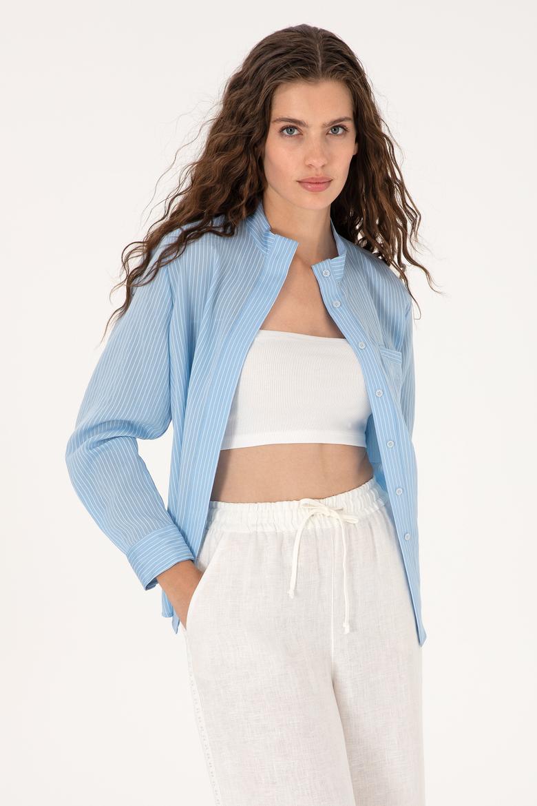 Kadın Açık Mavi Çizgili Uzun Kollu Gömlek