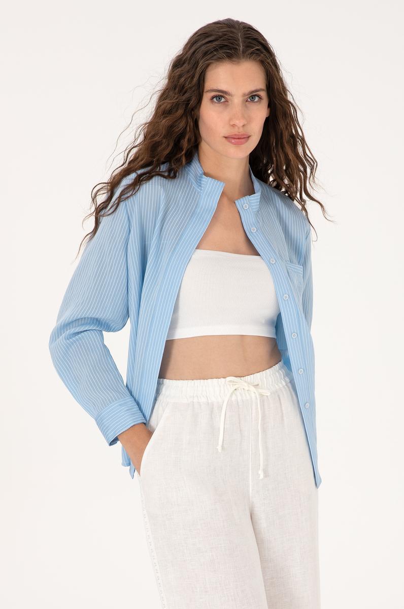 Kadın Açık Mavi Çizgili Uzun Kollu Gömlek