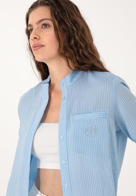 Kadın Açık Mavi Çizgili Uzun Kollu Gömlek - 50299541007