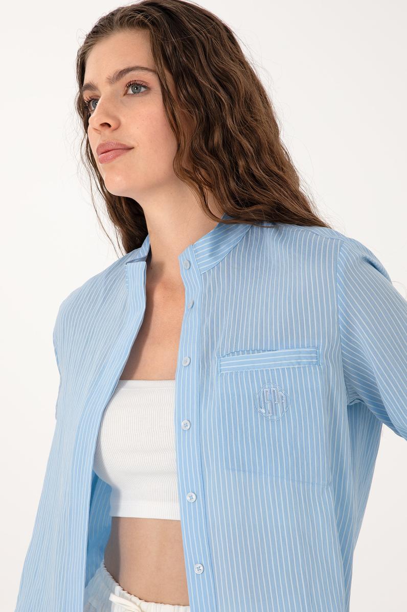 Kadın Açık Mavi Çizgili Uzun Kollu Gömlek