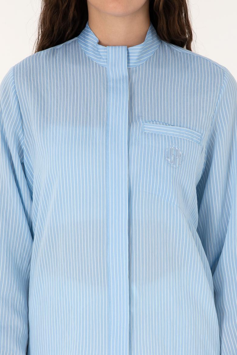 Kadın Açık Mavi Çizgili Uzun Kollu Gömlek - 50299541007