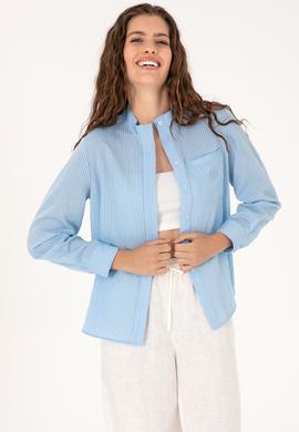 Kadın Açık Mavi Çizgili Uzun Kollu Gömlek - 50299541007