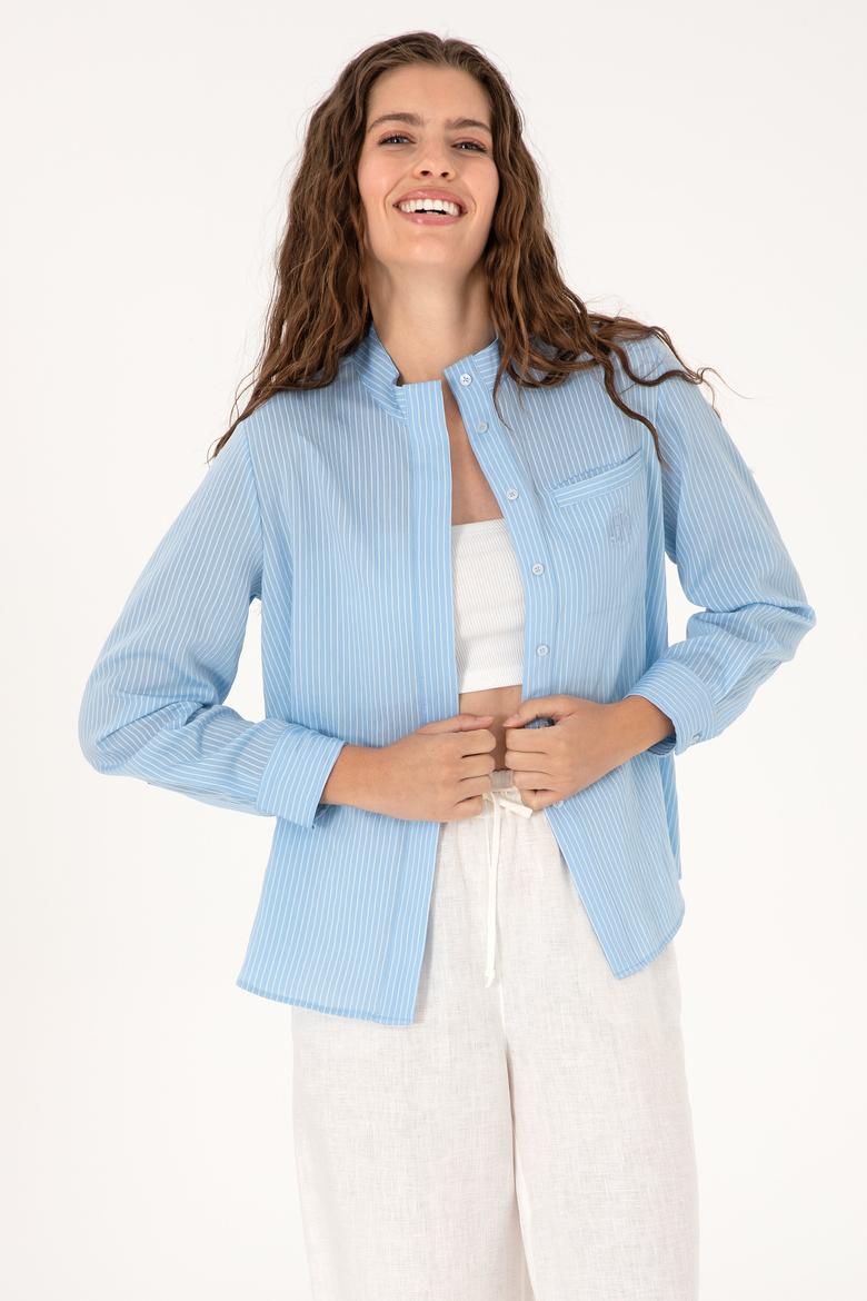 Kadın Açık Mavi Çizgili Uzun Kollu Gömlek - 50299541007