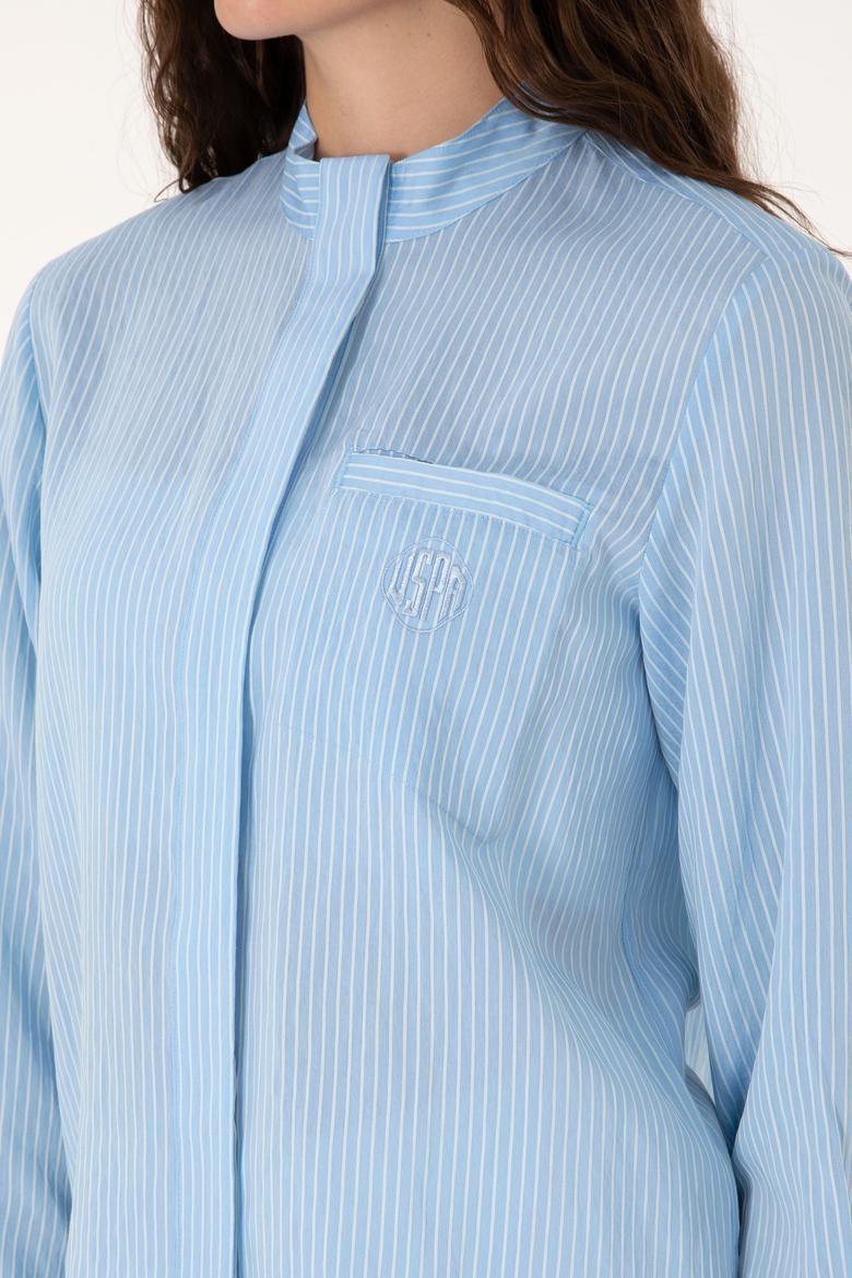 Kadın Açık Mavi Çizgili Uzun Kollu Gömlek - 50299541007