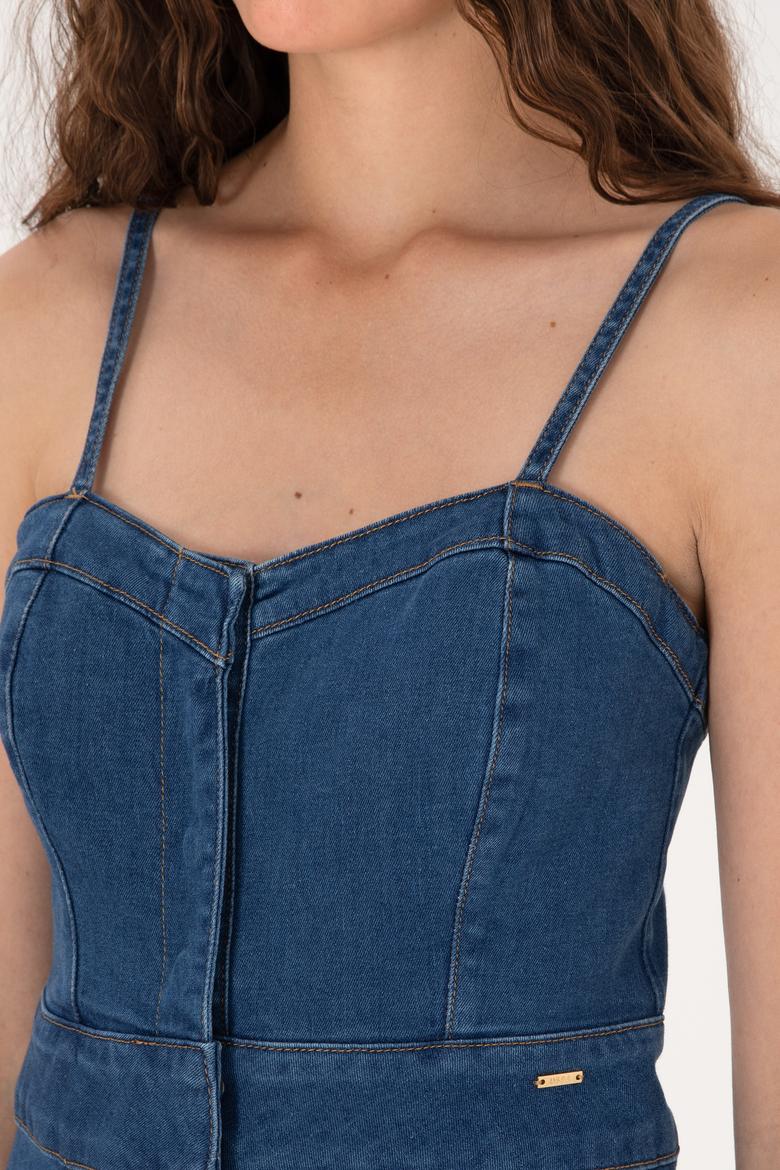 Kadın Mavi Midi Boy Yırtmaçlı Jean Elbise - 50305565004