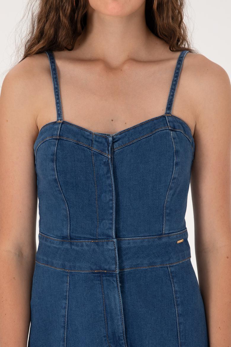 Kadın Mavi Midi Boy Yırtmaçlı Jean Elbise - 50305565004