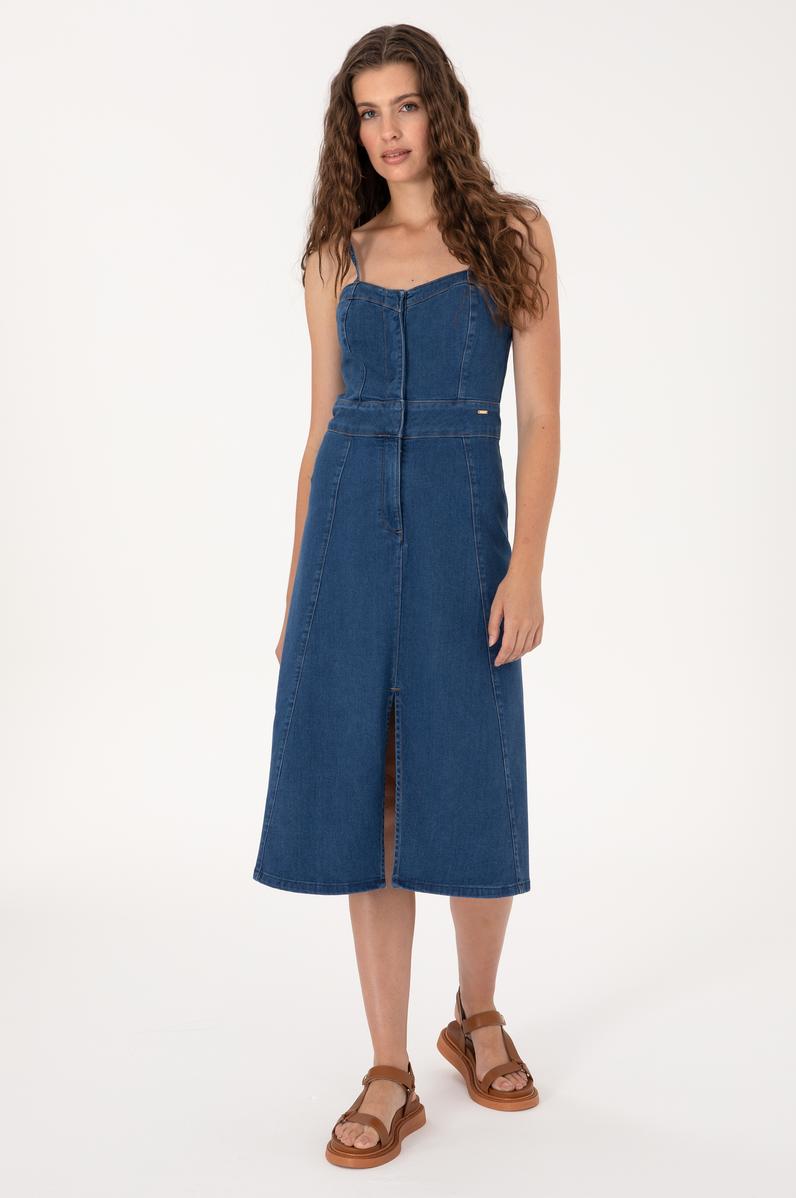 Kadın Mavi Midi Boy Yırtmaçlı Jean Elbise