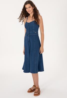 Kadın Mavi Midi Boy Yırtmaçlı Jean Elbise - 50305565004