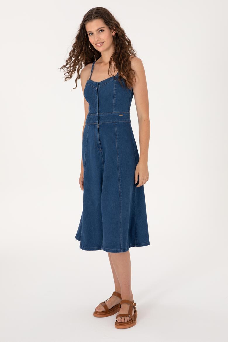 Kadın Mavi Midi Boy Yırtmaçlı Jean Elbise - 50305565004