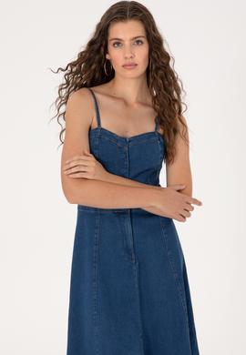 Kadın Mavi Midi Boy Yırtmaçlı Jean Elbise - 50305565004