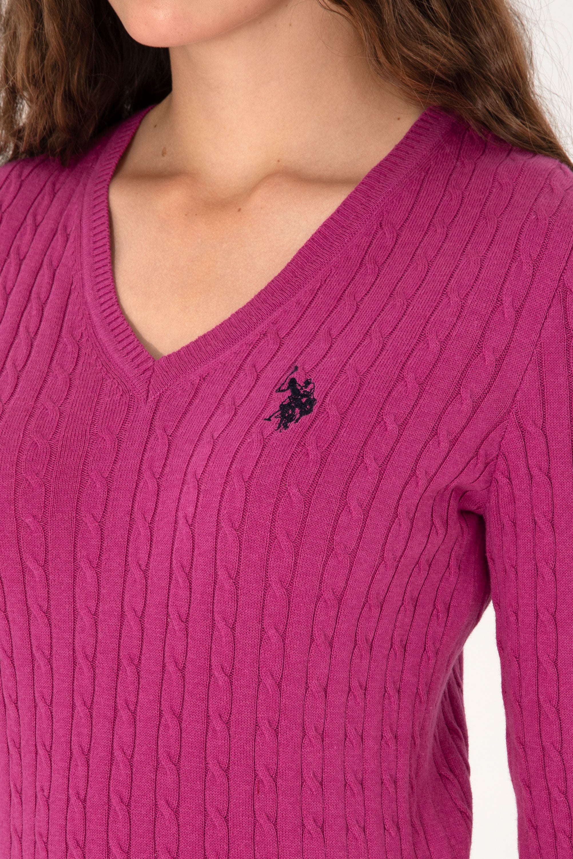 Kadın Pembe V Yaka Basic Kazak - Image 7