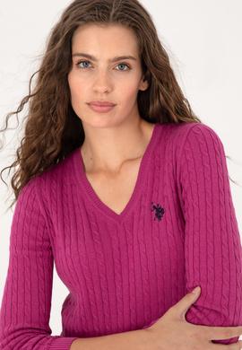 Kadın Pembe V Yaka Basic Kazak - 50313625060