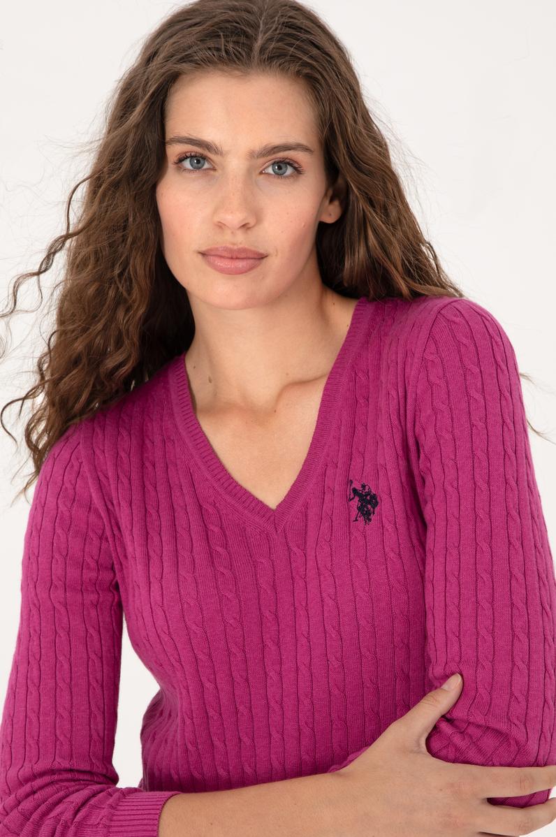 Kadın Pembe V Yaka Basic Kazak