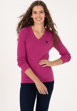 Kadın Pembe V Yaka Basic Kazak - 50313625060