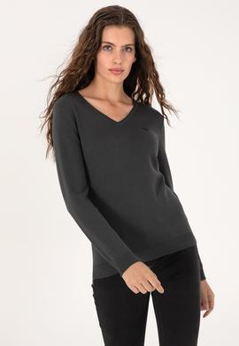 Kadın Antrasit V Yaka Basic Kazak - 50313590032