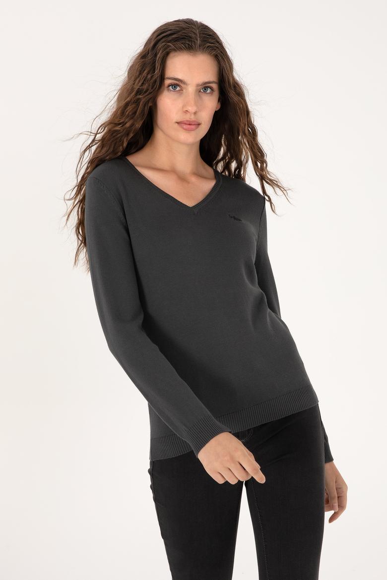 Kadın Antrasit V Yaka Basic Kazak - 50313590032