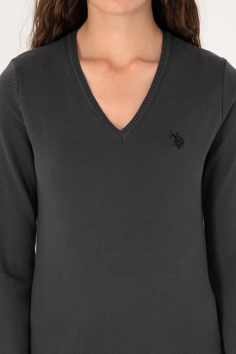 Kadın Antrasit V Yaka Basic Kazak - 50313590032