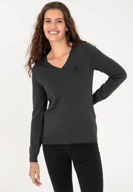 Kadın Antrasit V Yaka Basic Kazak - 50313590032