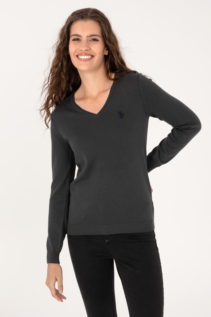 Kadın Antrasit V Yaka Basic Kazak