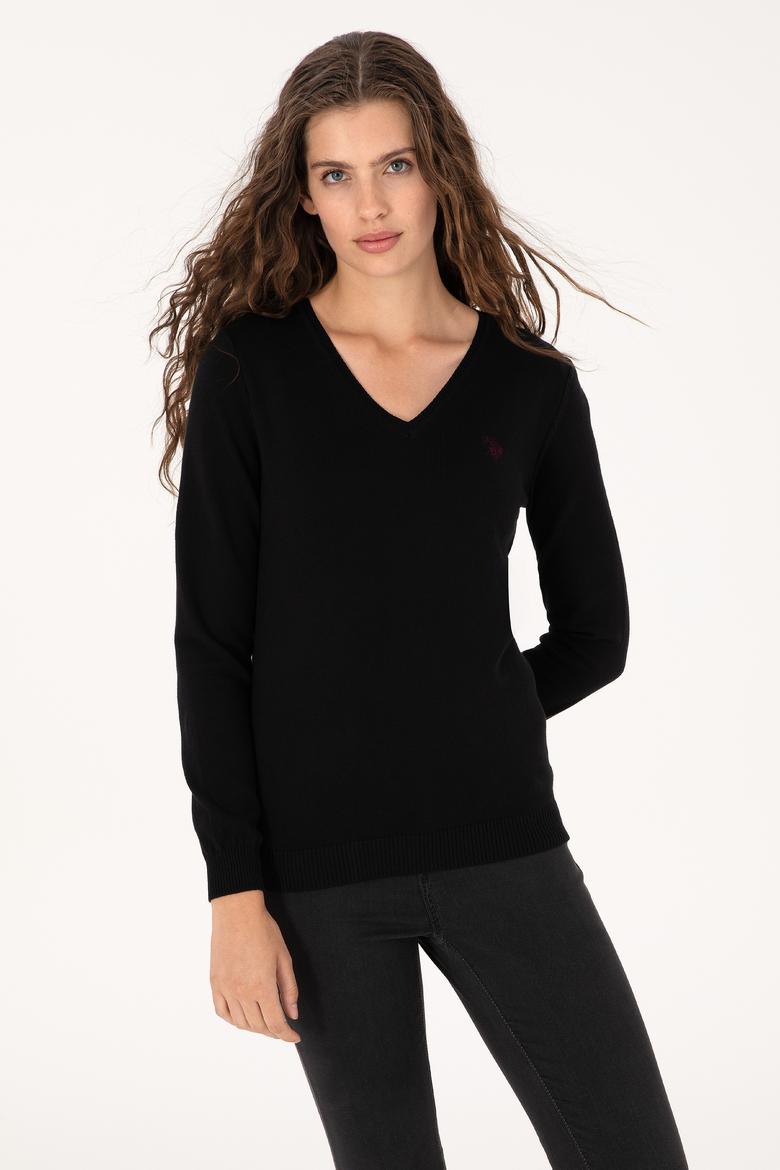 Kadın Siyah V Yaka Basic Kazak