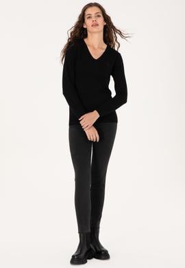 Kadın Siyah V Yaka Basic Kazak - 50313590004