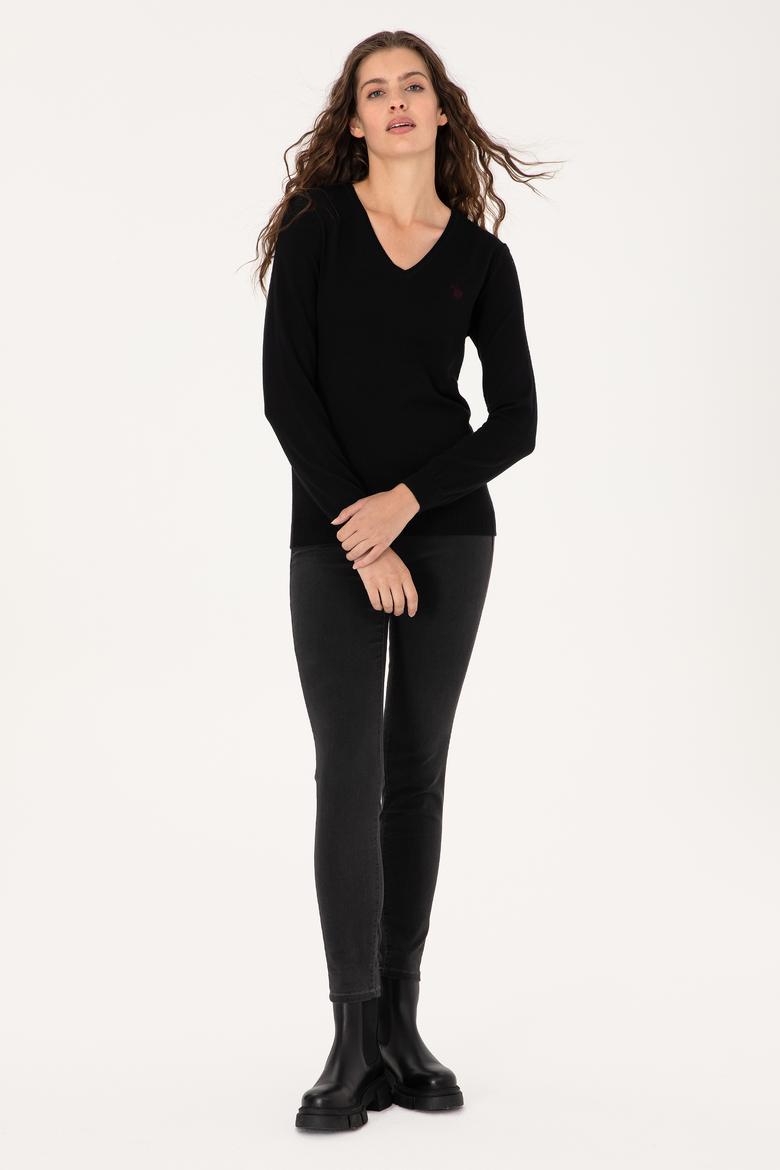 Kadın Siyah V Yaka Basic Kazak - 50313590004