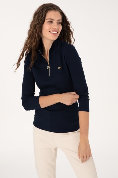Kadın Lacivert Fermuarlı Dik Yaka Sweatshirt