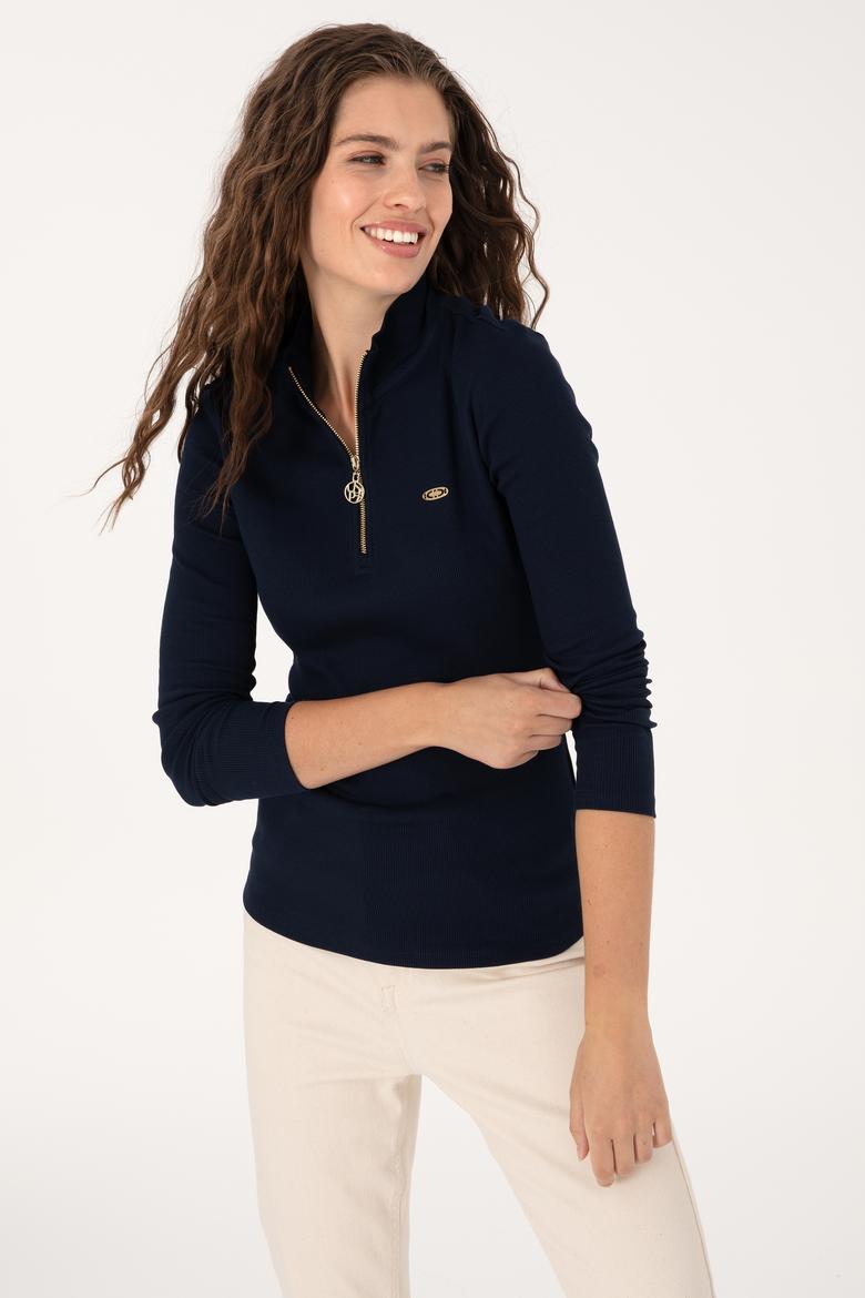 Kadın Lacivert Fermuarlı Dik Yaka Sweatshirt - 50313564021