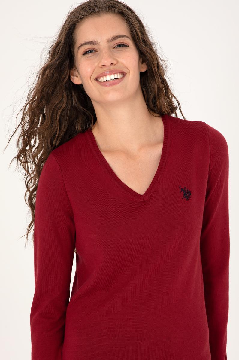 Kadın Kırmızı V Yaka Basic Kazak