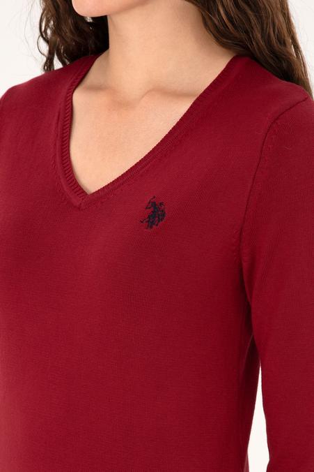 Kadın Kırmızı V Yaka Basic Kazak