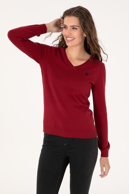 Kadın Kırmızı V Yaka Basic Kazak