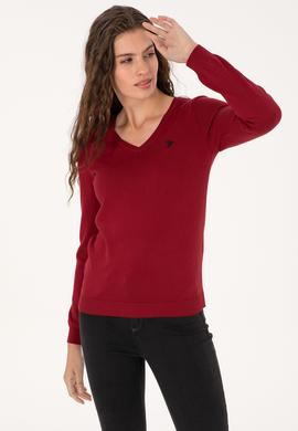 Kadın Kırmızı V Yaka Basic Kazak - 50313590074